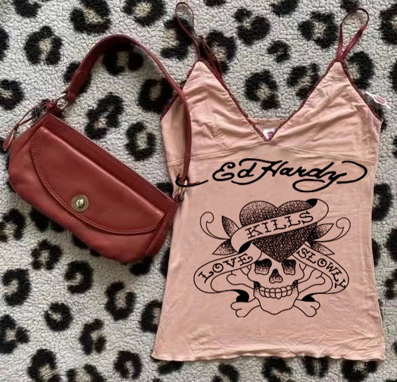 lovwvol Pink Summer 2000s Aesthetic Sweet Vintage emo Harajuku slim sleeveless Crop top Baby Tee Tank Top Girl Skull Y2k Grunge Camis