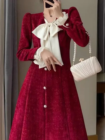 lovwvol Vintage Red Wedding Party Midi Dresses for Women Autumn New Elegant Chic Birthday Evening Prom Long Sleeves Female Clothing