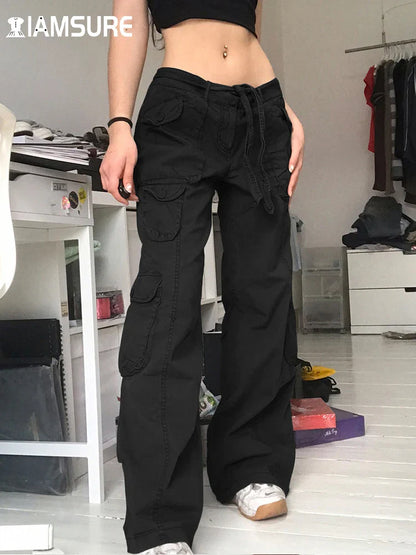 lovwvol Vintage Pockets Jeans Loose Mid-Waisted Cargo Pants Casual Wide Leg Pants Cool Women'S Trousers Fashion Streetwear