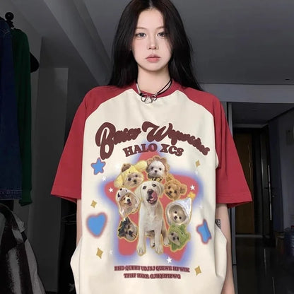 lovwvol Star Dog Printed Contrast Color Short Sleeve Tee Shirt Harajuku Streetwear Casual Oversized Tshirt 2024 Summer All-match Y2k Top