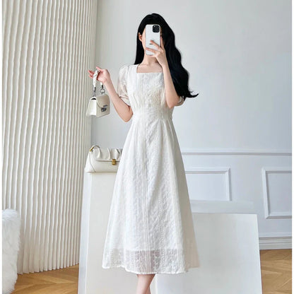 lovwvol Vintage Lace Midi Dresses for Women New Summer French Embroidery Square Neck Short Sleeve Elegant Fashion Female Clothes