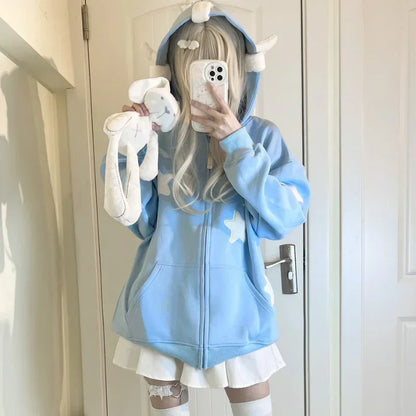 lovwvol Kawaii Hoodies Women Japanese Y2k Star Girl Pink Harajuku Gothic Angel Zipper Sweatshirts Oversize Cutecore Lolita Tops