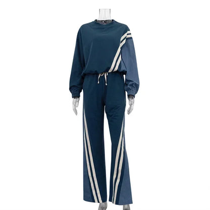 lovwvol  -  New Autumn Winter Casual Blue Patchwork Sets Women 2 Pieces O-Neck Long Sleeve Blouse Drawstring Straight Sweatpants Suit