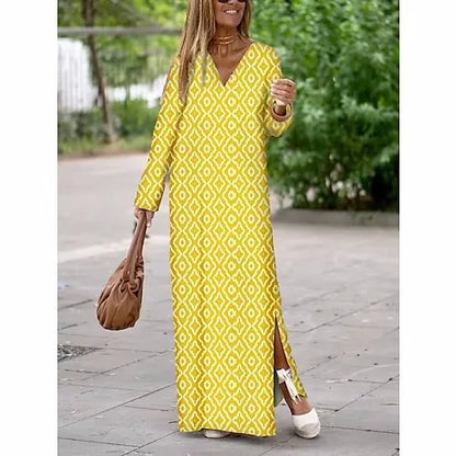 lovwvol Vintage Print Maxi Dress Women Loose V-neck Long Sleeve A-line Dresses  Autumn Lady Streetwear Robe Elegant Female Vestidos