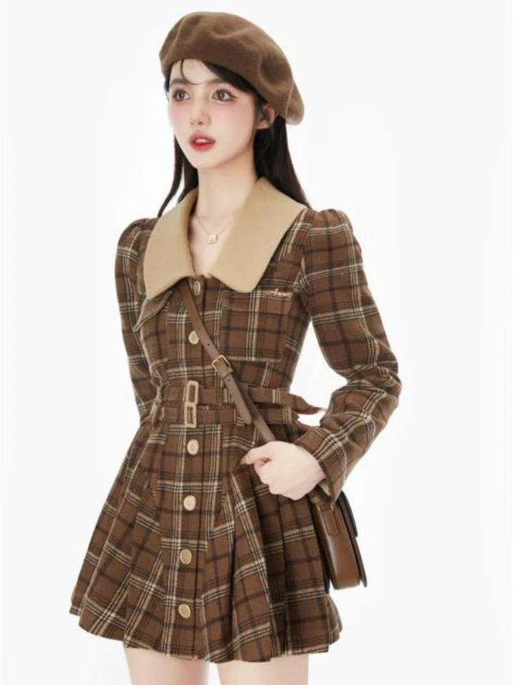 lovwvol   Vintage Plaid Dress Women Elegant Long Sleeve Dresses Preppy Style Autumn Winter Turn-down Collar Puff Sleeve Streetwear