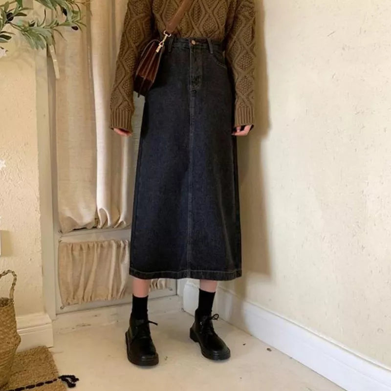 lovwvol  Korean Chic Denim Midi Skirt Women 2022 Spring High Waist Simple Medium-long Skirts Vintage All-match Streetwear Skirt