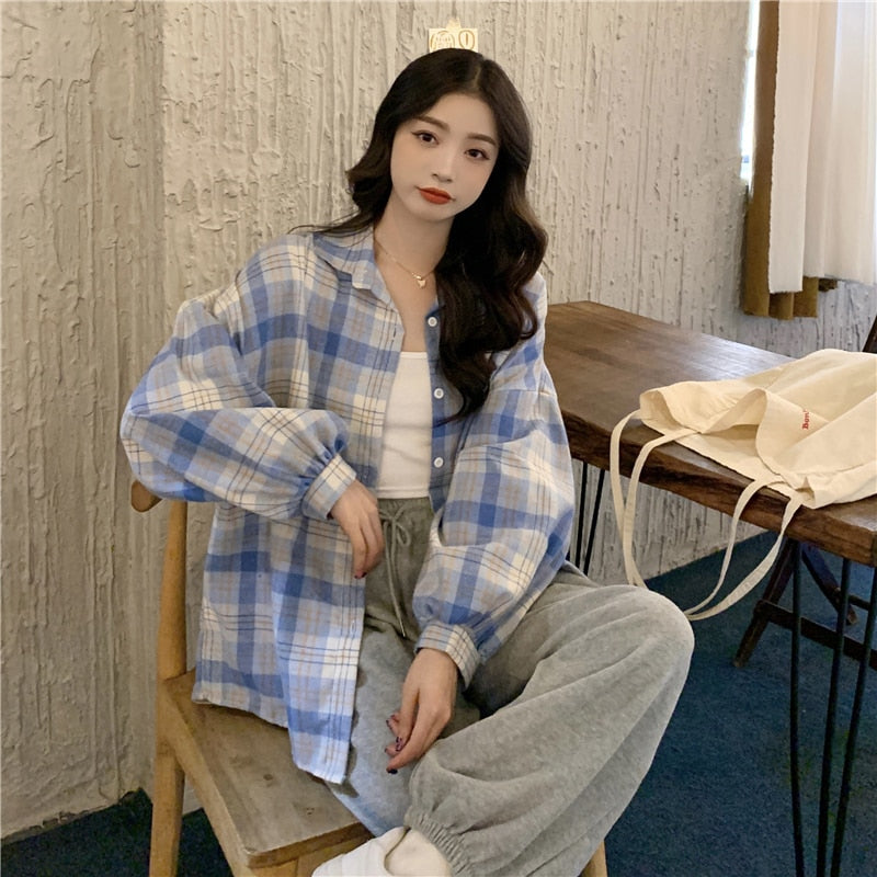 Korean Oversize Plaid Shirt Women Fashion Long Sleeve All Match Blouse Spring Preppy Style Turn Down Collar Casual Y2K Top