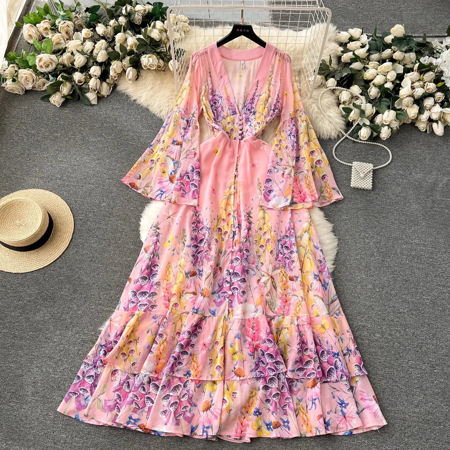 lovwvol Summer Holiday Gorgeous Cascading Cake Dress Women Flare Sleeve V Neck Flower Print Buttons Chiffon Bohemain Robe