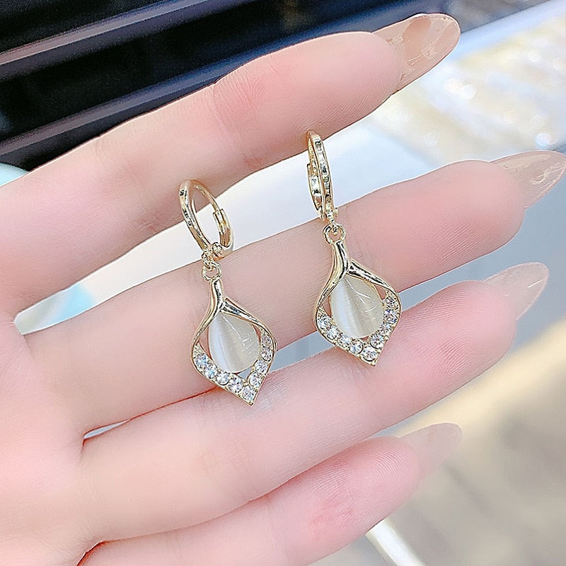 Korean Trendy Crystal Zircon Dangle Earrings For Women Sweet Opal Water Drop Geometric Earrings Girl Birthday Party Jewelry Gift