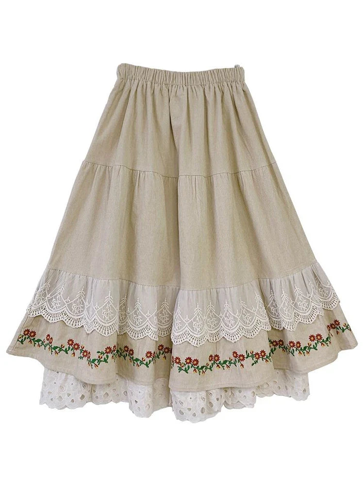 lovwvol Vintage Lace Splice Half Skirt New Khaki Half Skirts for Woman Sweet Age Reduction Embroidery Flower Fashion Long Dress