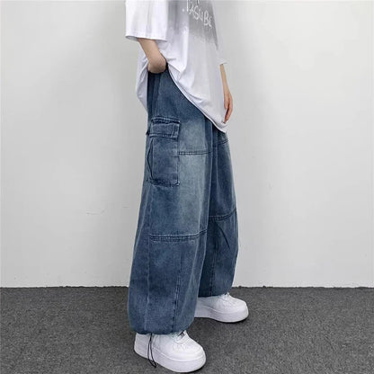 lovwvol Y2k Vintage Baggy Jeans for Women Autumn Loose Pockets Elastic Waist Denim Wide Leg Pants Japanese Streetwear Trousers