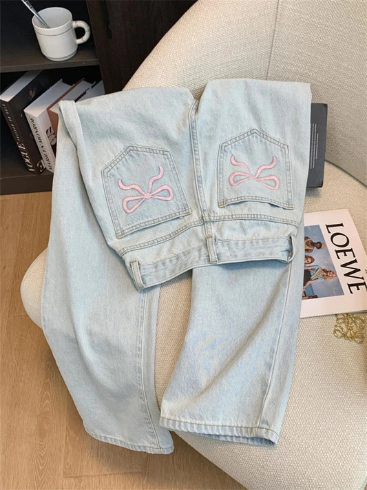 lovwvol Women's Retro Style Straight Jeans Street Vintage Denim Trousers Young Girl Bottoms Female Bow Embroidery Wide Leg Pants