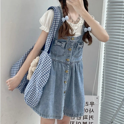 lovwvol Kawaii Strap Denim Short Dress Girls Overalls Summer Fashion High Waist Jeans Clothes Vintage Bow Casual Sleeveless Doll Dresses