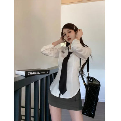 lovwvol Preppy Style Women Blouses White Y2k Long Sleeve Embroidery Shirts with Tie Korean Fashion Slim Lolita Harajuku JK Tops