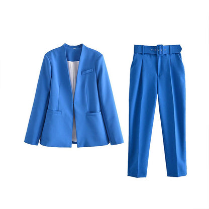 Women Fashion Two Pieces Sets Office Wear Blazers Coat And With Belt High Waist Pants Female