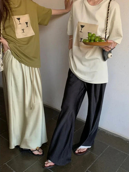 lovwvol Satin Wide Leg Pants Women Elegant Beige Trousers Casual Baggy Korean Style Summer 2024 Female Office Wear Black Pants