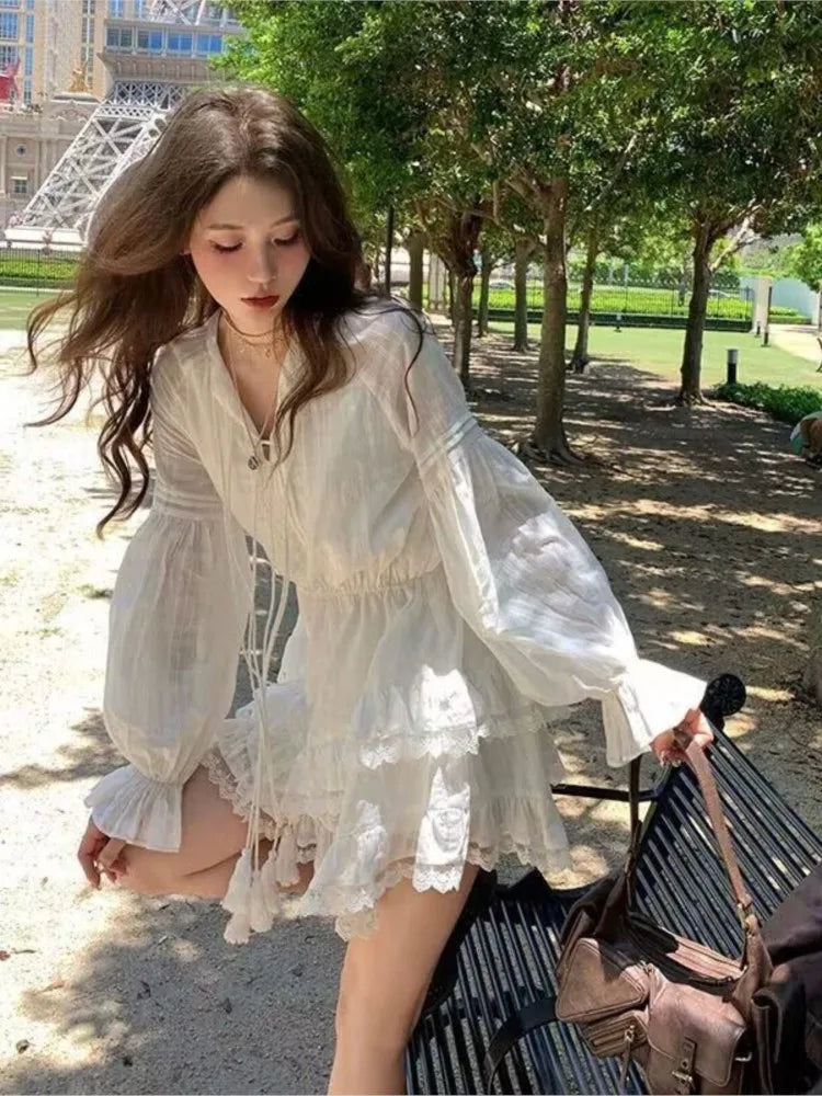 lovwvol Spring Summer Korean Style White Long Sleeve V-neck Lace Lace-up Design Temperament Gentle Cake Skirt Short Dress