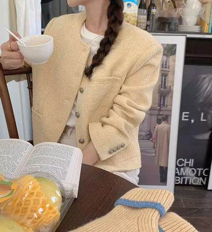 France Vintage Tweed Coat Women Single Breasted Long Sleeves Autumn Winter Korean Retro Fashion Graceful Outwear Female Chic Top