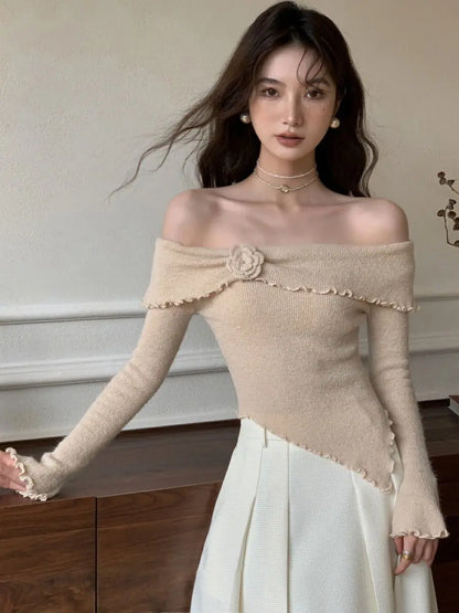 lovwvol Korean Fashion Off Shoulder Sweater Women Fairycore Aesthetic Knitted Jumper Mujer Chic Elegant Long Sleeve Top Spring