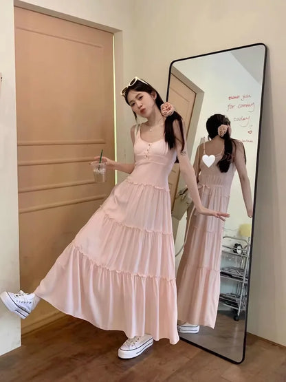 French Elegant Suspender Women's  Temperament Vest Dress Korean Fashion Matching Long Sleeveless Fairy  Dresses  Summer New