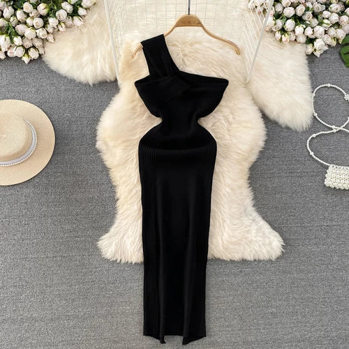 Chic One Shoulder Solid  Sleeveless Knit  Dress Slim High Waist Evening Party Diagonal Collar Dress Women Summer