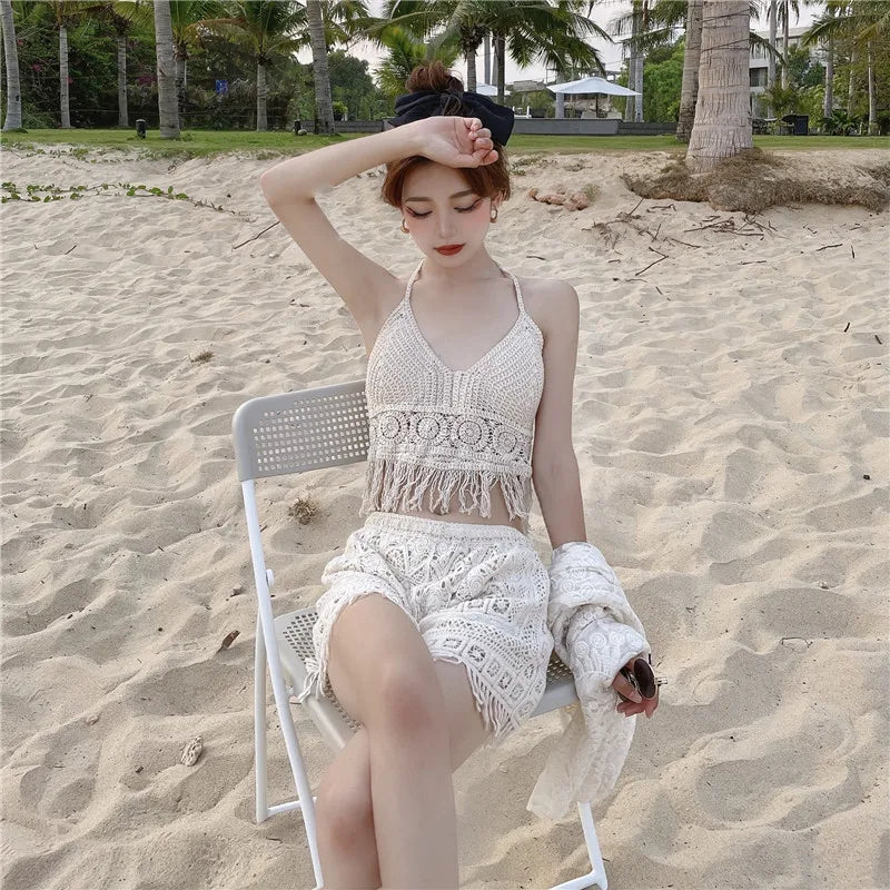 lovwvol Korean Beach Style Sexy 3 Piece Bikini Sets Summer Vacation Knited Lace Swimwear With Embroidery Cover up Women