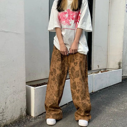 lovwvol Summer Thin Retro Corduroy Pants Women Harajuku Printed Baggy Wide Leg Trousers Teen High Street Unisex Hip Hop Pants