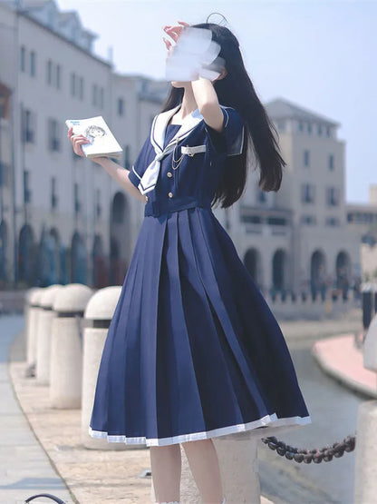 Preppy Sweet Woman Dress Sailor Collar Kawaii Vestidos Female Robe Lolita Dresses Summer Cute Women's JK  Kobieta