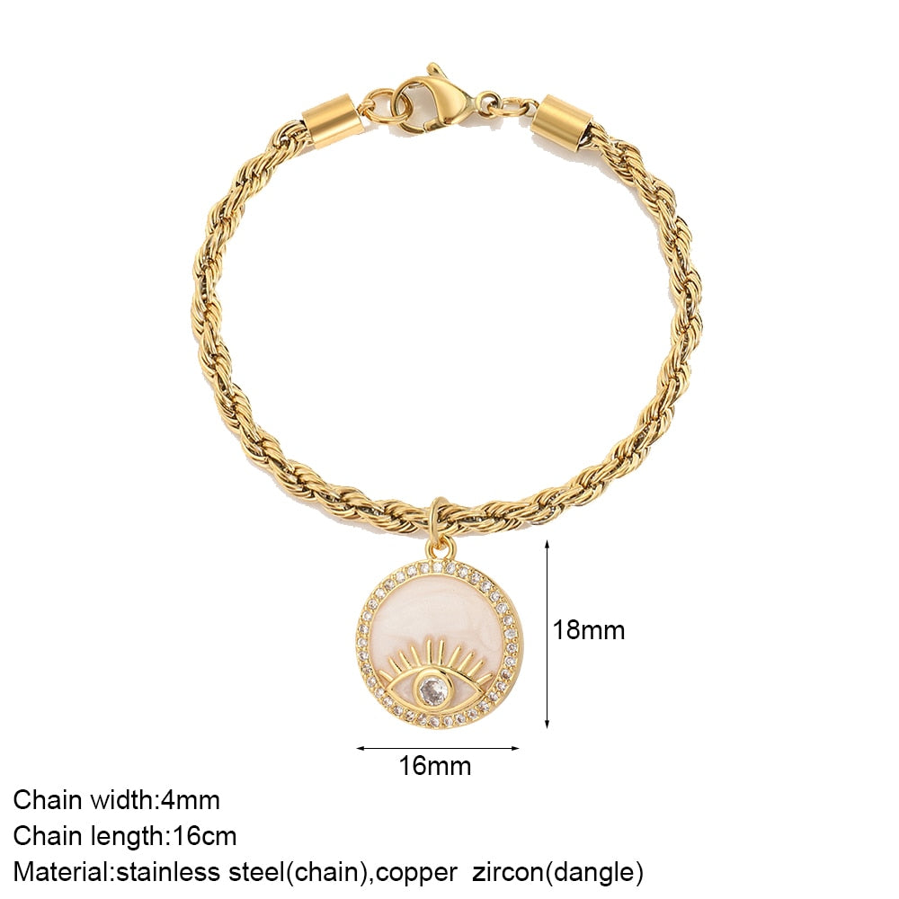 Cute Heart Love Sun Angel Charms Bracelet for Women Evil Blue Eye Gold Color Stainless Steel Chain Copper CZ Dangle Bangle