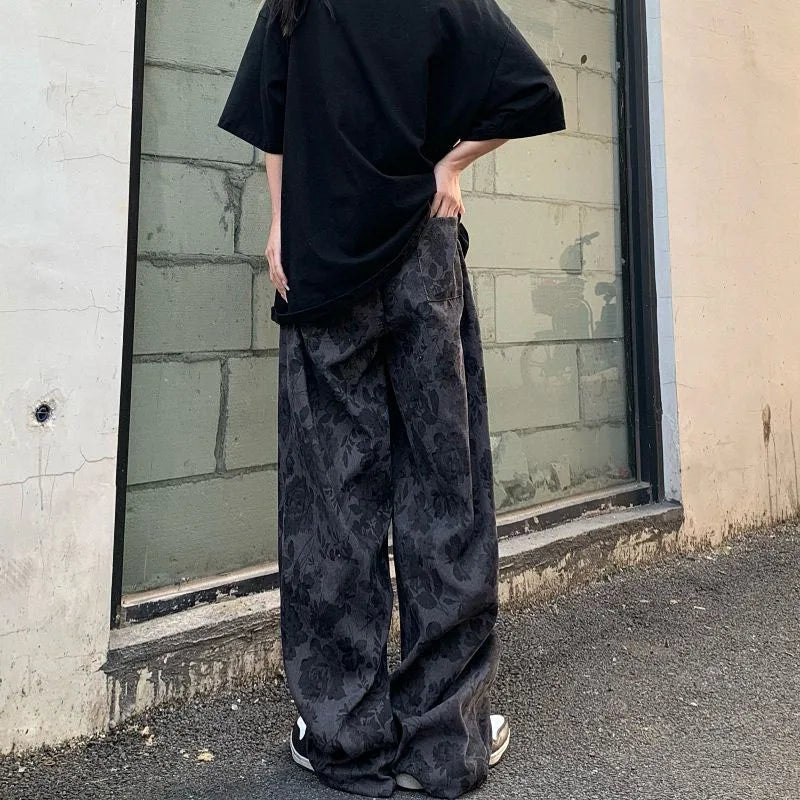 lovwvol Summer Thin Retro Corduroy Pants Women Harajuku Printed Baggy Wide Leg Trousers Teen High Street Unisex Hip Hop Pants