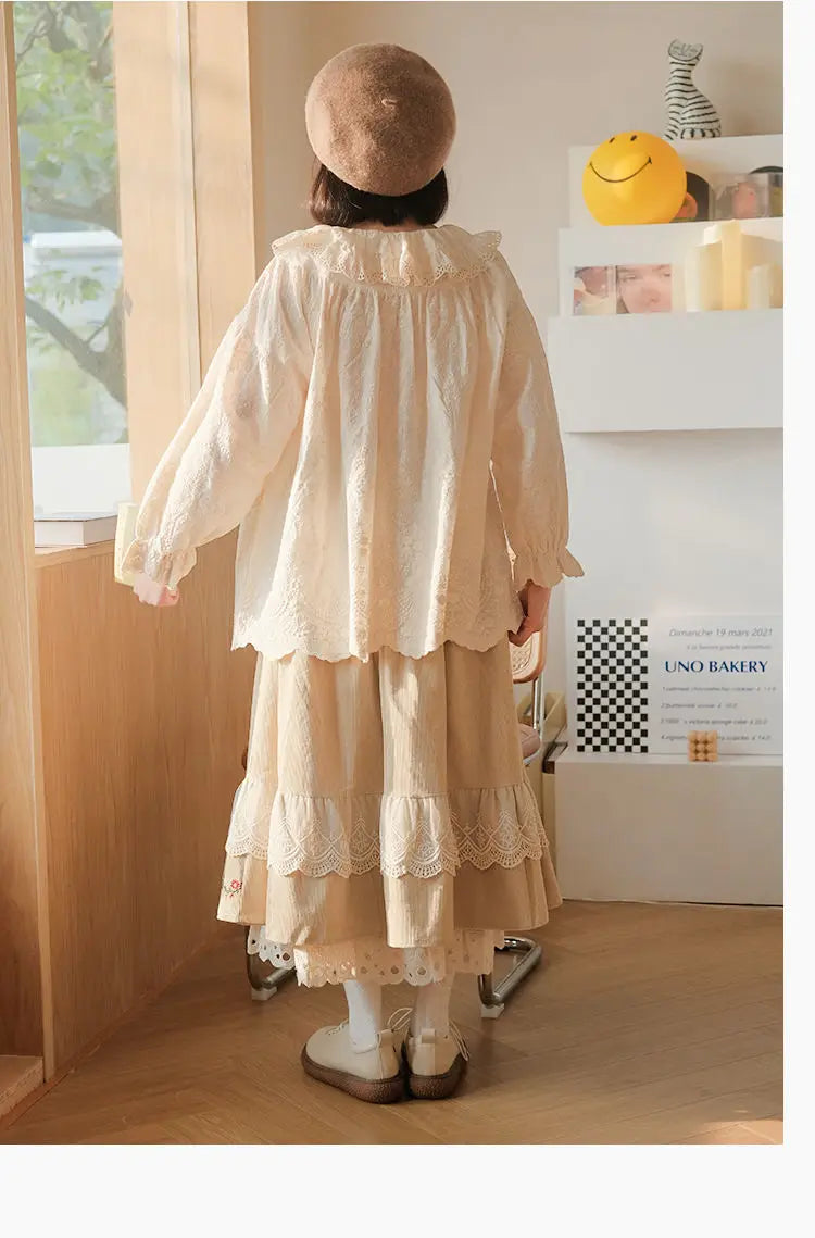 lovwvol Vintage Lace Splice Half Skirt New Khaki Half Skirts for Woman Sweet Age Reduction Embroidery Flower Fashion Long Dress