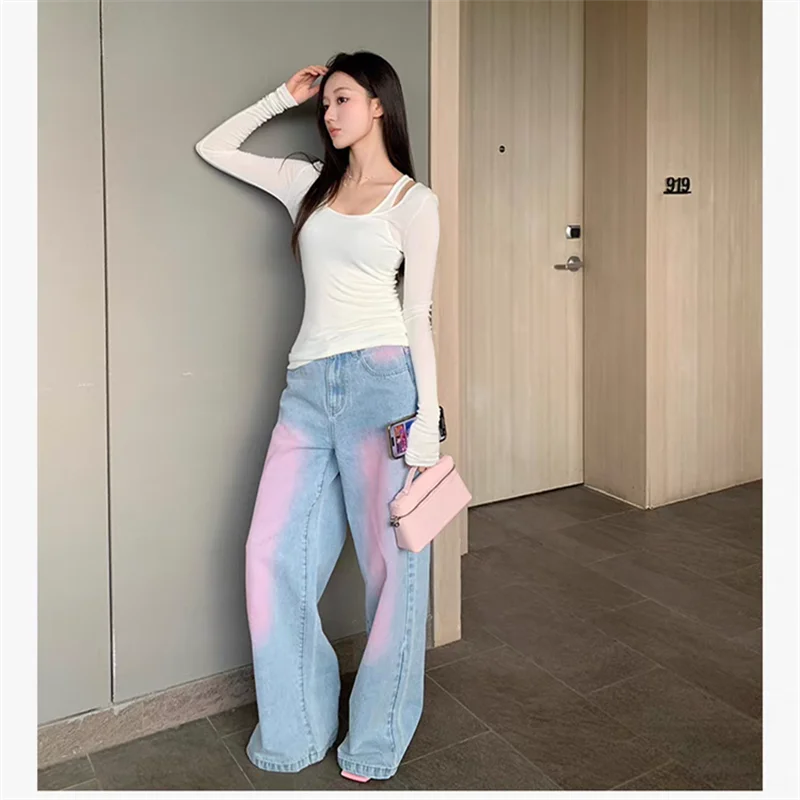 lovwvol Women's Pink Gradient Design Baggy Jeans Street Style Casual Blue Denim Trousers Female High Waist Straight Loose Pants