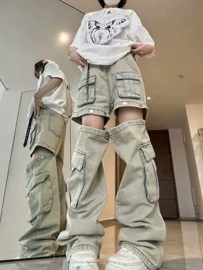 lovwvol American New Detachable Design Sense Tooling Jeans Female Y2K Fashion Gothic Retro High Street Straight Small Vibe Waisted Pants