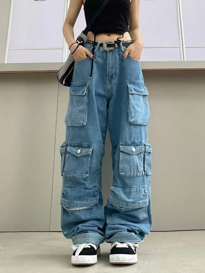 lovwvol Y2k Vintage Cargo Pants Women Multi-pocket Blue High Waist Jeans Streetwear Fashion Harajuku Casual Denim Wide Leg Pants