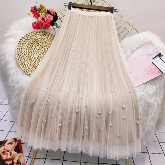 lovwvol Both Sides Wear Pearls Mesh Skirt Women Summer Velvet High Waist Long Skirts Woman Solid Color A Line Pleated Skirts