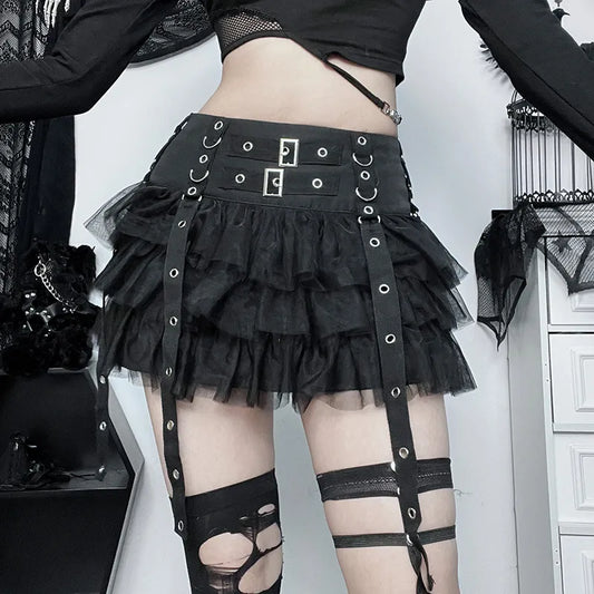 Ruffles Mall Gothic Mesh Splice Mini Skirts Grunge Aesthetic Harajuku Buckle A-line Skirt Punk High Waist Alt Bottoms