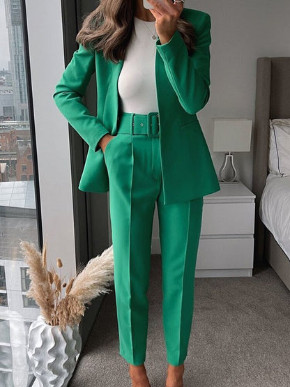 Women Fashion Two Pieces Sets Office Wear Blazers Coat And With Belt High Waist Pants Female