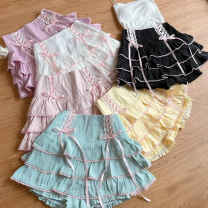 Japanese Kawaii Lolita Style Pleated Skirts Women High Waist Pink Bandage Fairy Y2k Aesthetic Skirt Cute Faldas Mujer Moda