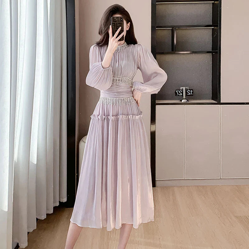 French Women Designer Fashion Organza Stand Collar Party Dress Luxury Spring Diamonds Tassel Ruffles Puff Sleeve Slim Midi Dress