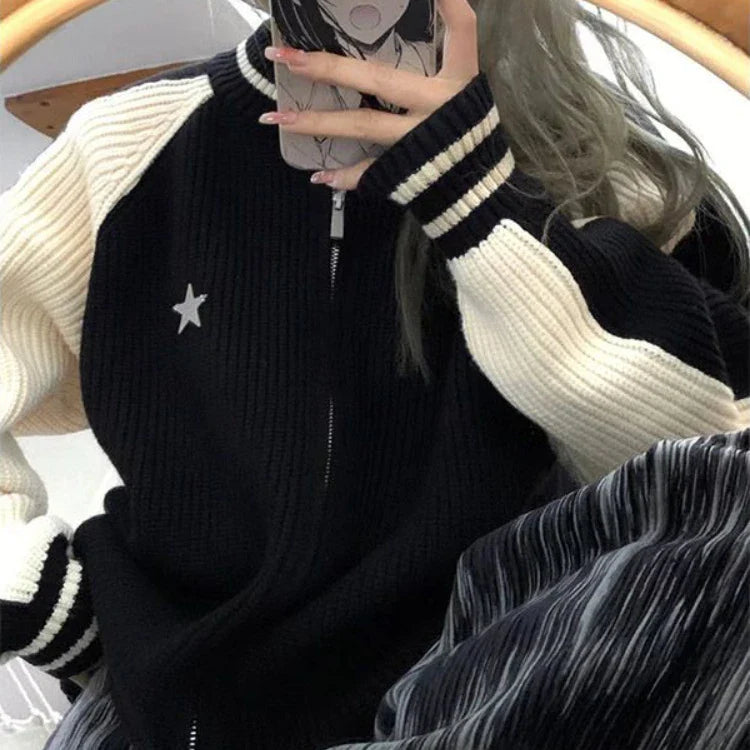 lovwvol  -  Y2k Aesthetic Knitted Jacket Vintage Zip Up Cardigan Women Star Patch Striped Harajuku Loose Sweater Coat Grunge Streetwear