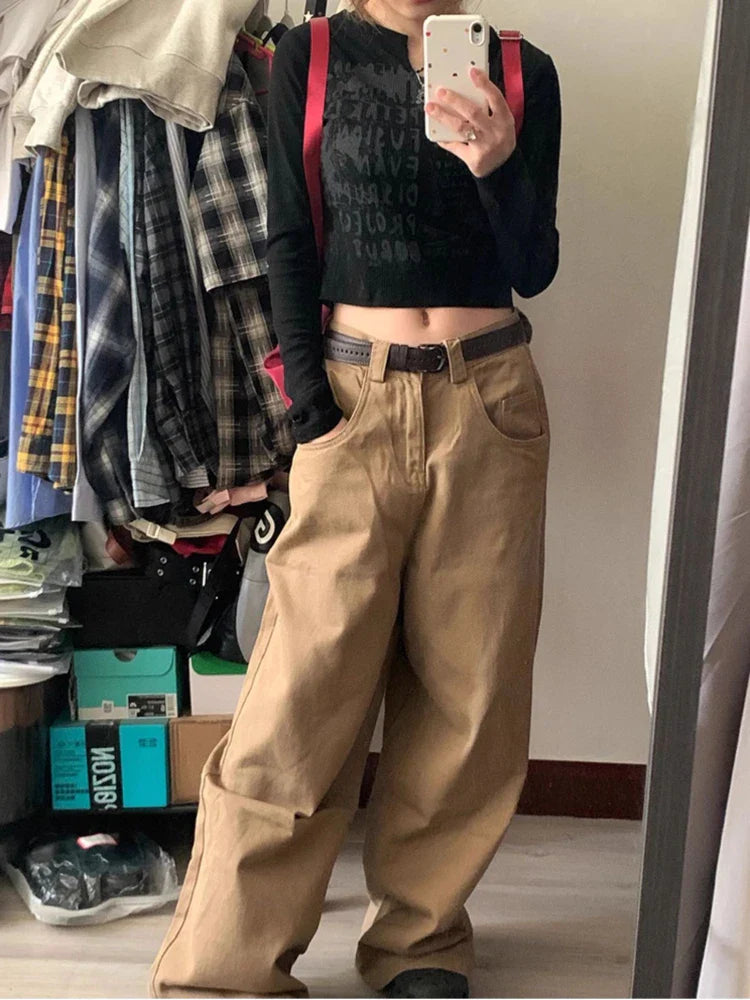 lovwvol Vintage Baggy Pants Women Y2K High Waist Loose Casual Trousers Khaki Korean Streetwear Straight Wide Leg Cargo Jeans