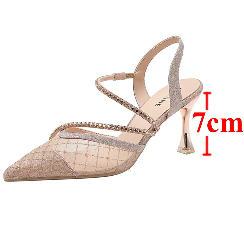 Bling Crystal High Heels Sandals for Women Summer Pointed Toe Rhinestones Thin Heel Pumps Woman Sexy Transparet Mesh Party Shoes