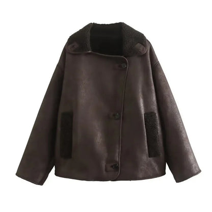 Thick Faux Leather Lambswool Jacket Women Autumn Winter Lapel Vintage Single Breasted Coats Female Pocket Warm Streetwear