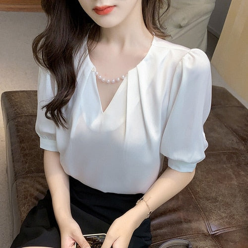 Blouses Top Femme Short Sleeve Blouse Women Blusas Mujer De Moda Verano Beading V-Neck Chiffon White Blouse Shirt Tops E800