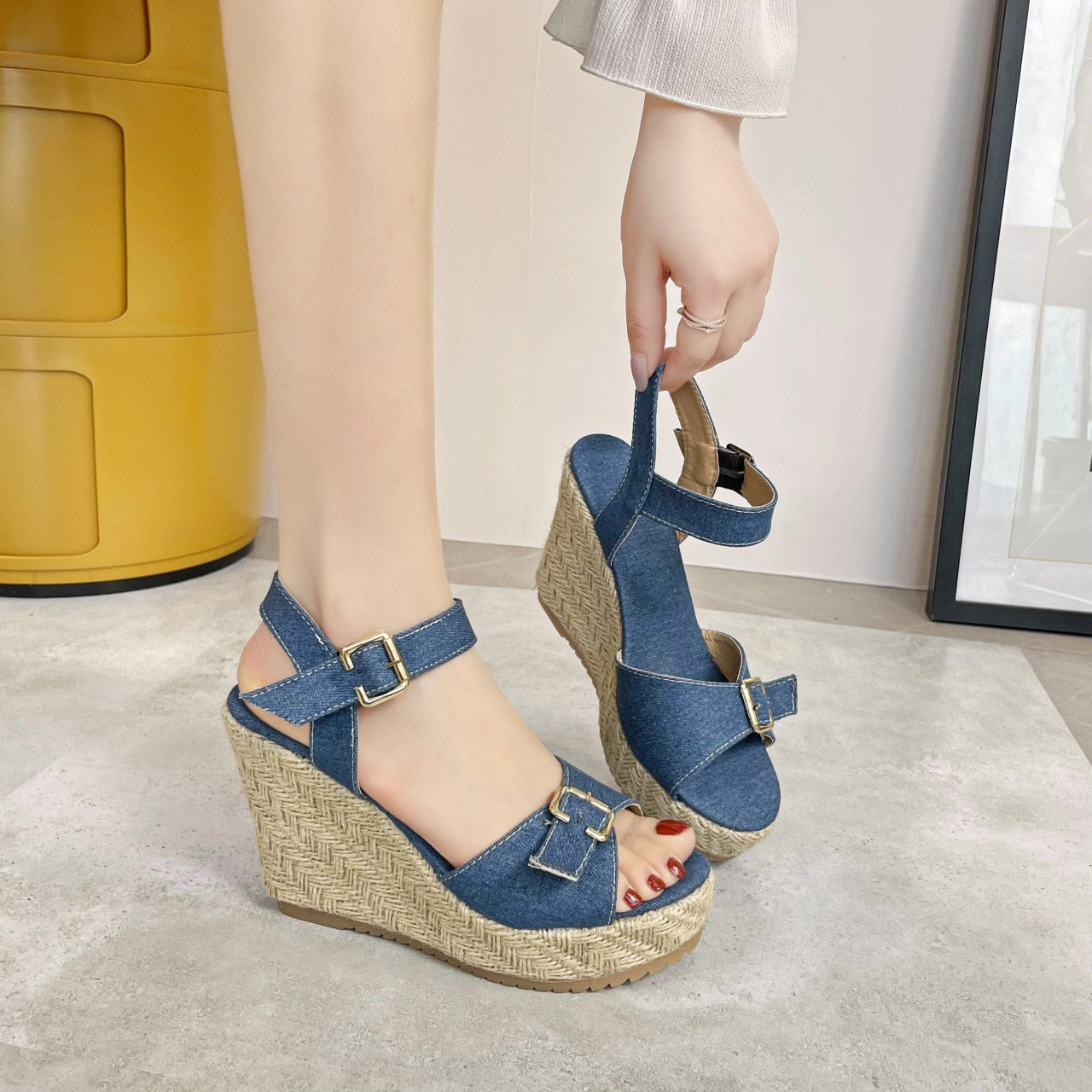 Oversized slope heel sandals, denim buckle strap,  slope heel grass woven casual women's sandals  shoes for women sandals