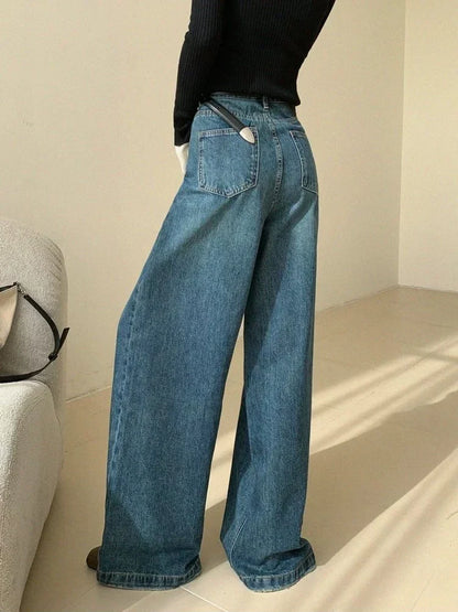 lovwvol Women's Solid Color Wash Blue Micro Flared Baggy Jeans Cool Girl High Waisted Loose Pants Female Casual Wide Leg Denim Trousers