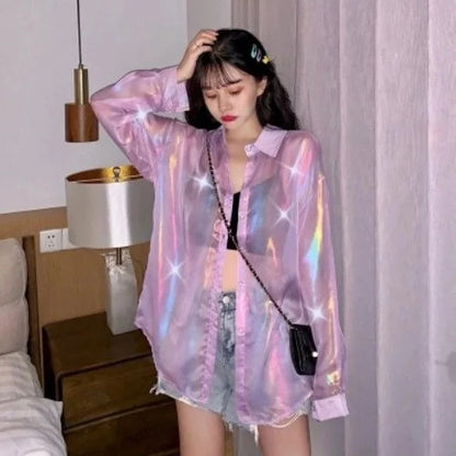 lovwvol Transparent Blouse with Sequins Button Up Shirt Women Y2k Sexy Beauty Sheer Top Night Club Beach Girls Summer Clothes