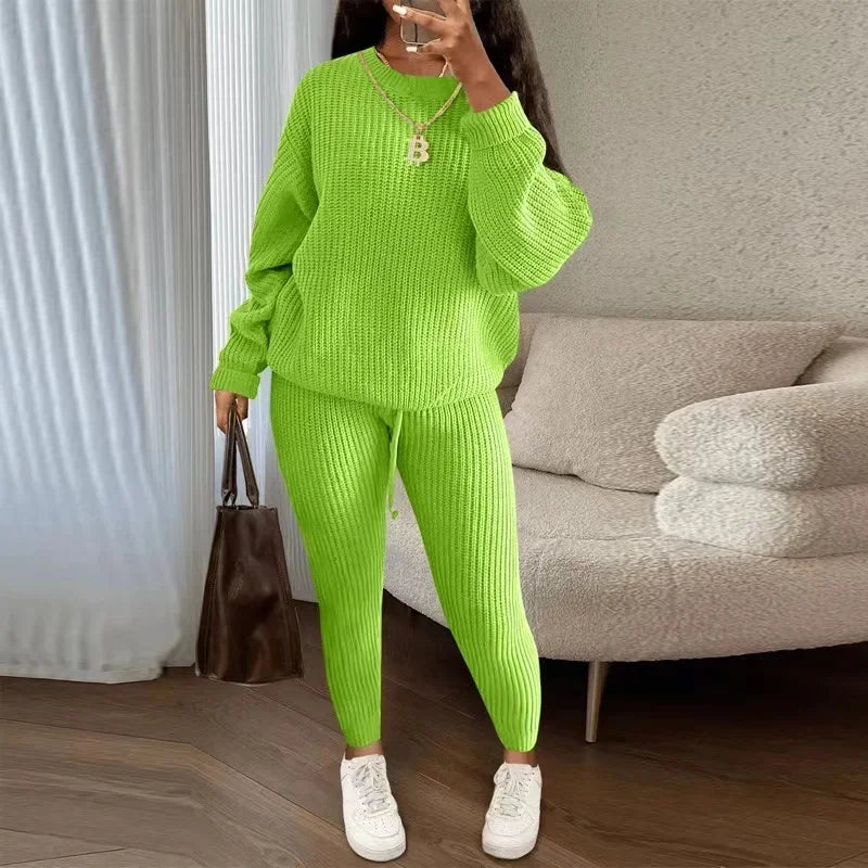 lovwvol  -  Winter Two Piece Sets Women Clothing Autumn Fashion Casual Solid Round Neck Pullover Loose Pit Knitted Sweater Pants Suits