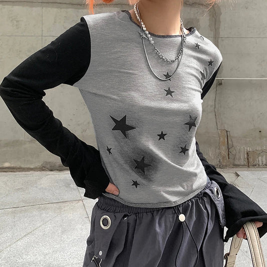 lovwvol Y2k Streetwear Graphic Star Print Y2K Splice Grunge Aesthetic Fairycore Tee Vintage Kawaii 2000s Harajuku Fairy Grunge Clothes