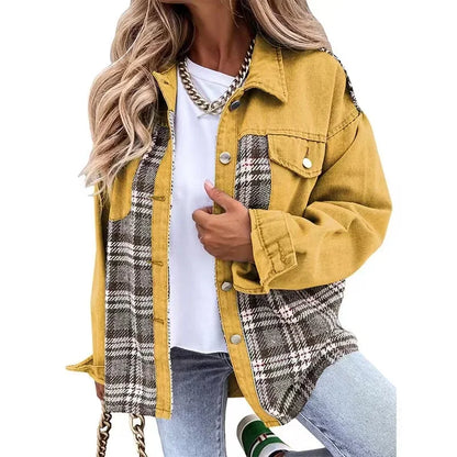 lovwvol  -  New Autumn Women Button Coat Spring Irregular Tops Outwear Mujer Vintage Fashion Plaid Print Patchwork Denim Jacket Elegant